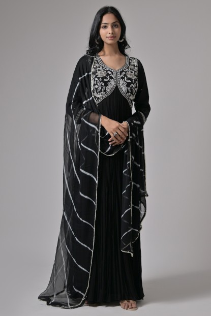 Georgette Black Hand Embroidered Gown with Dupatta